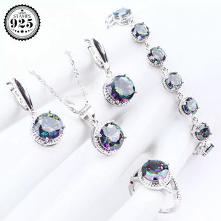 Magic Rainbow Stones 925 Sterling Silver Jewelry Sets Zirconia Earrings Rings For Women Bracelets Pendant Necklace Set Gift Box