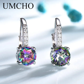 UMCHO 100% Solid Silver 925 Jewelry Round Created Nano Mystic Topaz Clip Earrings For Women Party Gift Fine Jewelry
