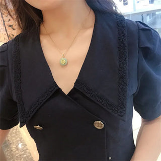 Retro Style Clavicle Chain Jade Necklace Ancient Gold Color Hetian Yufu Safety Buckle Pendant Party Jewelry Gift