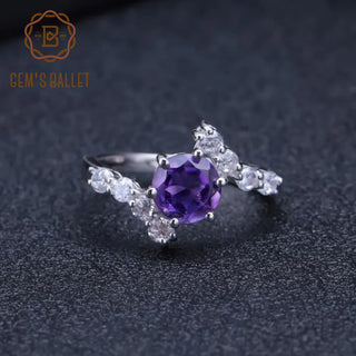 GEM'S BALLET 100% 925 Sterling Silver Engagement Rings 1.35Ct Round Natural Amethyst Gemstone Ring for Women Fine Jewelry