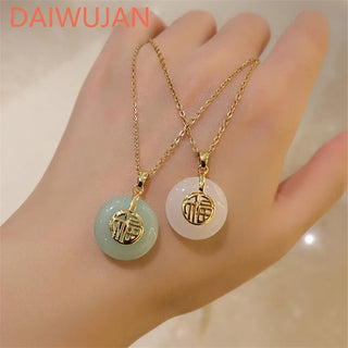 Retro Style Clavicle Chain Jade Necklace Ancient Gold Color Hetian Yufu Safety Buckle Pendant Party Jewelry Gift