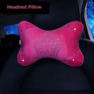 Hot Rose Pink Bling Car Accessories Interior Set for Women Girls Glitter Plush Warm Automotive Seat Covers Cushion Crown Decor