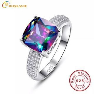 BONLAVIE Luxury 7.3ct Rainbow Fire Mystic Topazs Ring With AAA Crystal S925 Sterling Silver Jewelry Charm For Women Gift