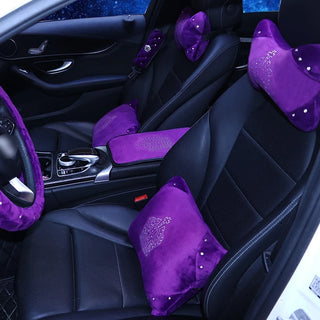 Bling Rhinestone Car Steering Wheel Covers Diamond Crown Crystal Purple Neck Pillow For Girls Women Car Accessories Interior Set