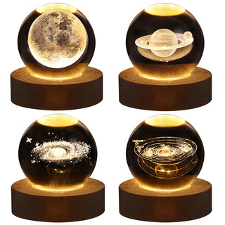 LED Crystal Ball Night Light Solar System Crystal Ball 3D Engraved Small Glass Ball with Wooden Base USB Charging for Home Decor