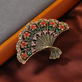 Morkopela Vintage Rhinestone Hollow Flower Fan Brooch Jewelry Metal Brooches For Women Banquet Clothes Scarf Clip Pin Gift