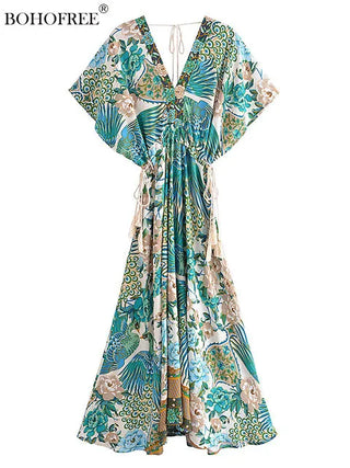 Vintage Chic Women Peacock Floral Print Bat Sleeve Beach Bohemian Maxi Dresses Ladies V Neck Tassel Summer Rayon Dress