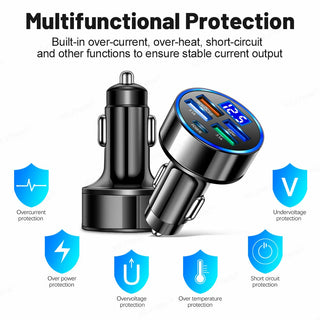 250W LED Car Charger 5 Ports Fast Charge PD QC3.0 USB C Car Phone Charger Type C Adapter in Car For iphone Samsung Huawei Xiaomi