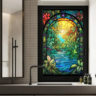 Adhesive-free Privacy Window Film Window Sticker Vintage Glass Door Decals Colorful Film Stickers for Kitchen Bedroom Home Decor