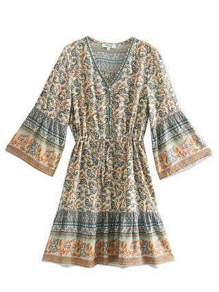 Vintage chic fashion women hippie floral print V-neck  Bohemian mini dresses Summer ladies flare sleeve cotton beach Boho dress