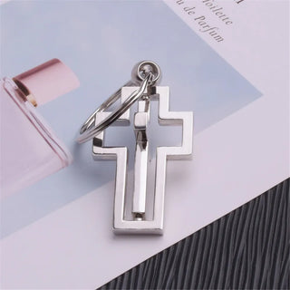 Simple Couple Metal Cross Keychain Hollow 360 Degree Rotating Accessories for Women Men Christian Pendant Friend Birthday Gift