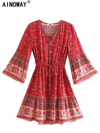 Vintage chic fashion women hippie floral print V-neck  Bohemian mini dresses Summer ladies flare sleeve cotton beach Boho dress