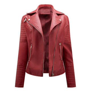 Faux Leather Jacket Women Moto Biker Zipper Jacket 2023 New Spring Autumn Motorcycle Coat Red Black Yellow Pink Brown Navy Free