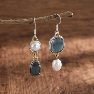Vintage Boho Asymmetrical Baroque Pearl Water Drop Earrings Jewelry Dark Blue Pattern Cute Flower Metal Statement Dangle Earring