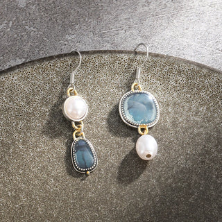Vintage Boho Asymmetrical Baroque Pearl Water Drop Earrings Jewelry Dark Blue Pattern Cute Flower Metal Statement Dangle Earring
