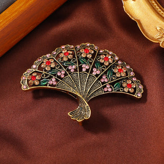 Morkopela Vintage Rhinestone Hollow Flower Fan Brooch Jewelry Metal Brooches For Women Banquet Clothes Scarf Clip Pin Gift