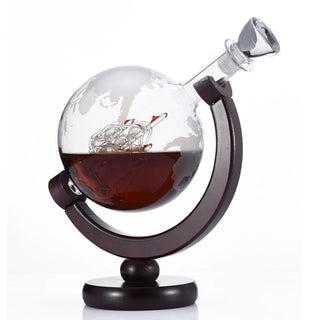 Whiskey Decanter Globe Wine Aerator Glass Set Sailboat Inside with Fine Wood Stand Liquor Decanter for Vodka Whiskey forBanquet