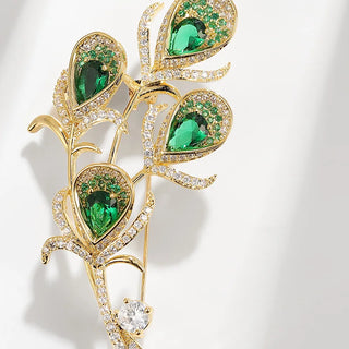 Zircon Luxury Jewelry High-end Brand Green Crystal Peacock Feather Brooch Women Suit Coat Pin Buckle Pearl Brooches Jewelry