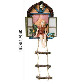 Fairy House Tree Hanging Figurine Window Sitting Fairy Ladder Resin Craft Statue Outdoor Ornament For Home Garden Yard Art Decor