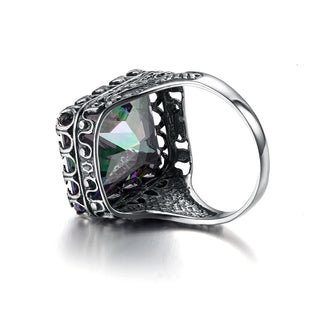 Kpop Ring For Women Real 925 Sterling Silver Punk Ring Mystic Rainbow Topaz Gemstones Wide Large Vintage Silver Jewelry